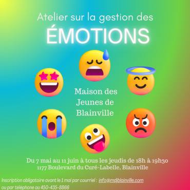 Ateliers sur la gestion des émotions les jeudis du 7 mai au 11 juin
